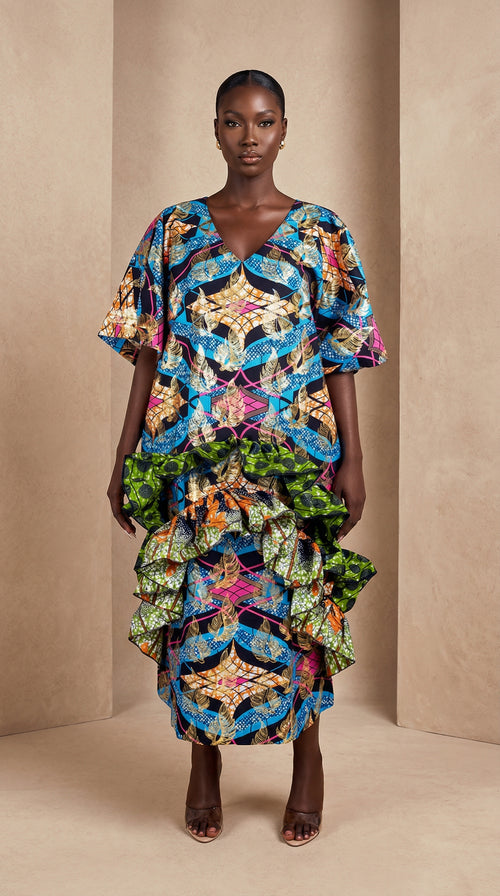 Abeba Ankara Ruffle Dress – Shimmery Mixed Ankara