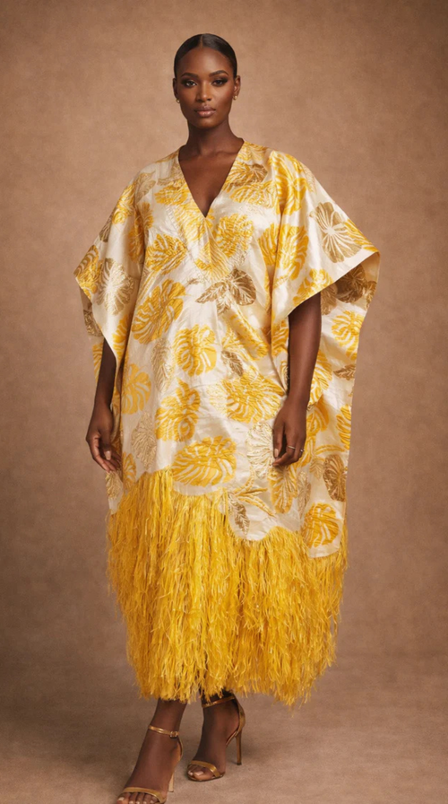 Dalia Feathered Kaftan – Luxury Brocade