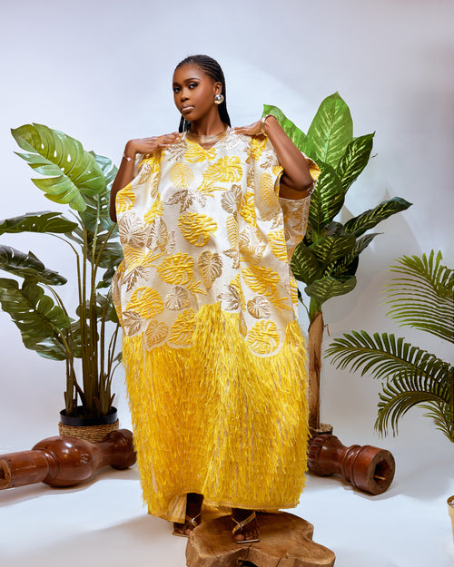 Dalia Feathered Kaftan – Luxury Brocade