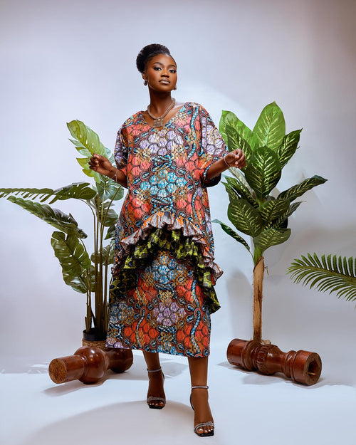 Abeba Ankara Ruffle Dress – Shimmery Mixed Ankara