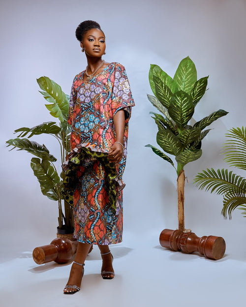 Abeba Ankara Ruffle Dress – Shimmery Mixed Ankara