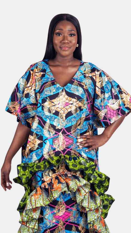 Abeba Ankara Ruffle Dress – Shimmery Mixed Ankara